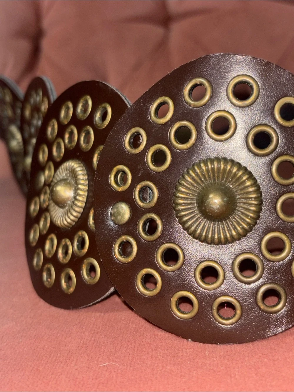 Large disk belt faux leather brown studded adjustable y2k style boho belt